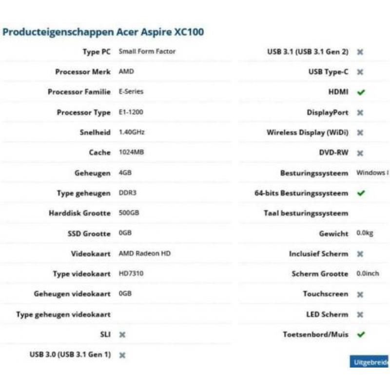 Acer Desktop XC100 zonder harde schijf