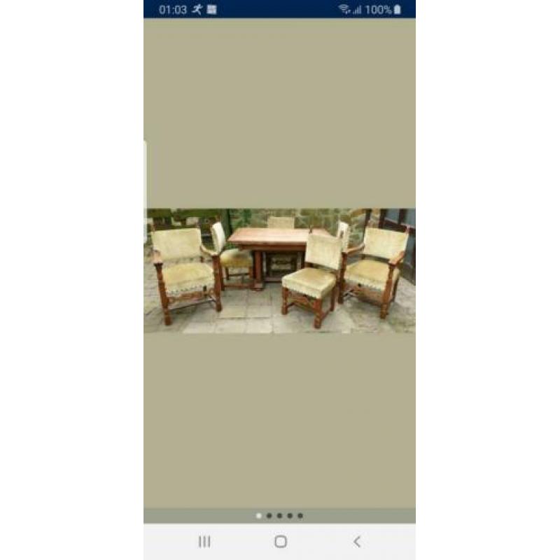 eikenhouten eettafel met 6 stoelen uit 1910
