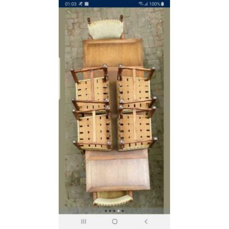 eikenhouten eettafel met 6 stoelen uit 1910