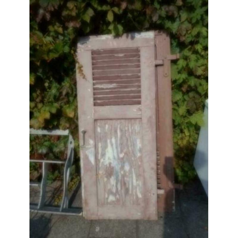 Brocant oud houten Louvre luik / Oud roze / 119 x 48 cm..