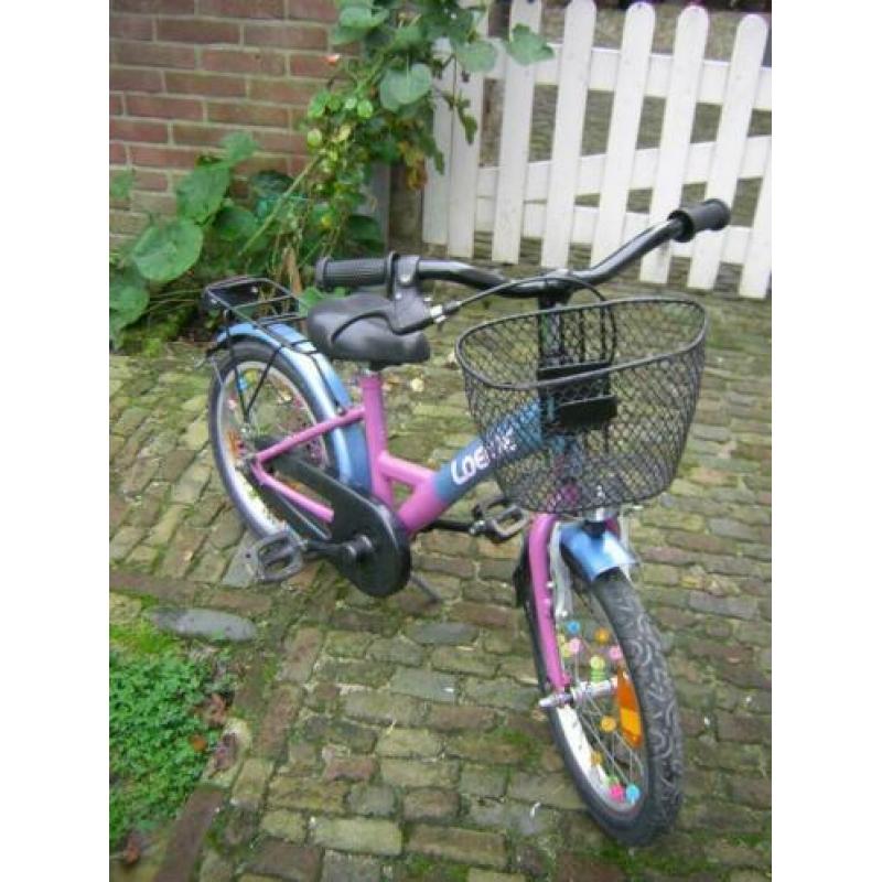 Loekie meisjesfiets blauw met roze 16 inch