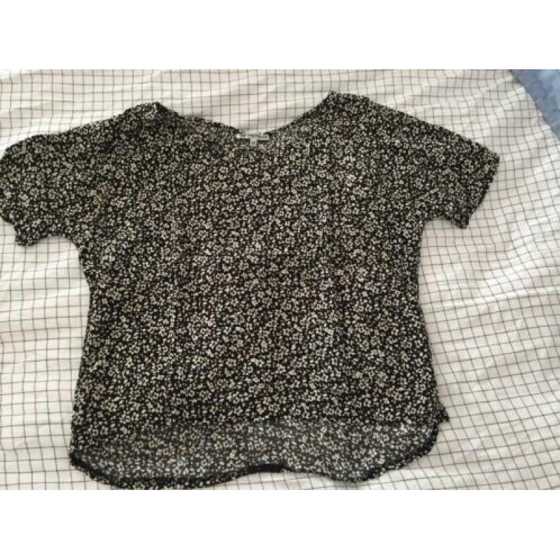 America Today blouse top korte mouw zwart met witte print M