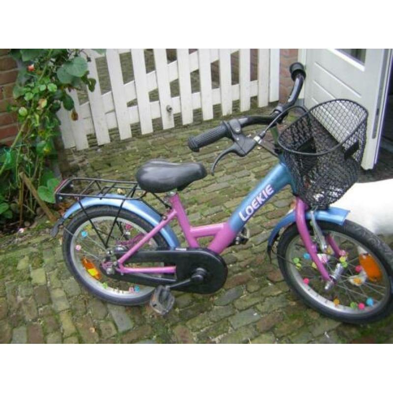 Loekie meisjesfiets blauw met roze 16 inch