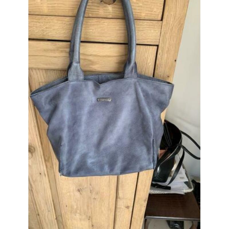 Mooie leren tas blauw/grijs