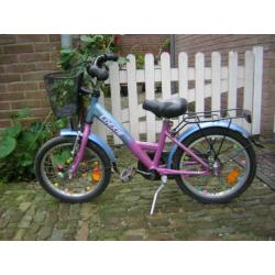 Loekie meisjesfiets blauw met roze 16 inch
