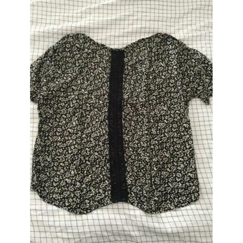America Today blouse top korte mouw zwart met witte print M