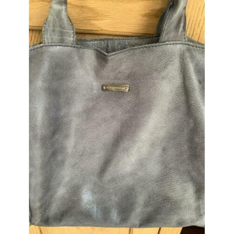 Mooie leren tas blauw/grijs