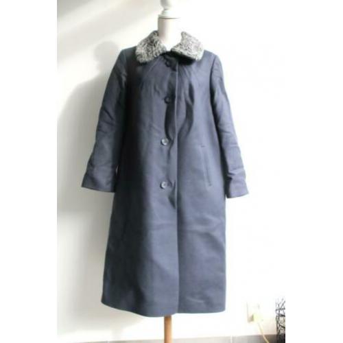 Vintage jas lang winterjas donkerblauw grijs seventies 40 42