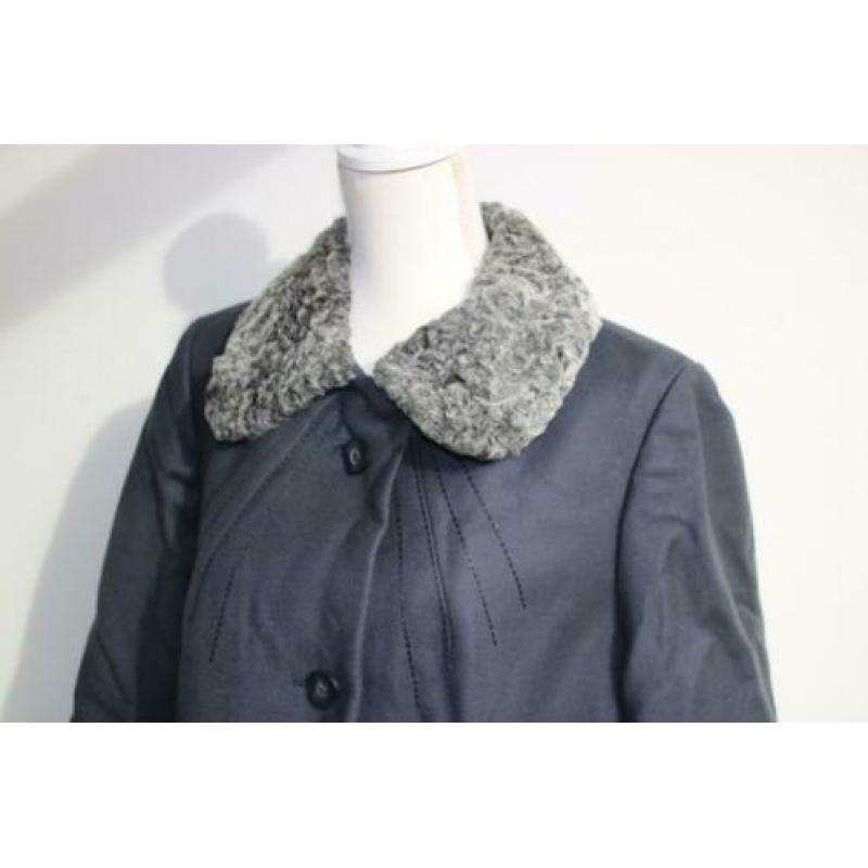 Vintage jas lang winterjas donkerblauw grijs seventies 40 42