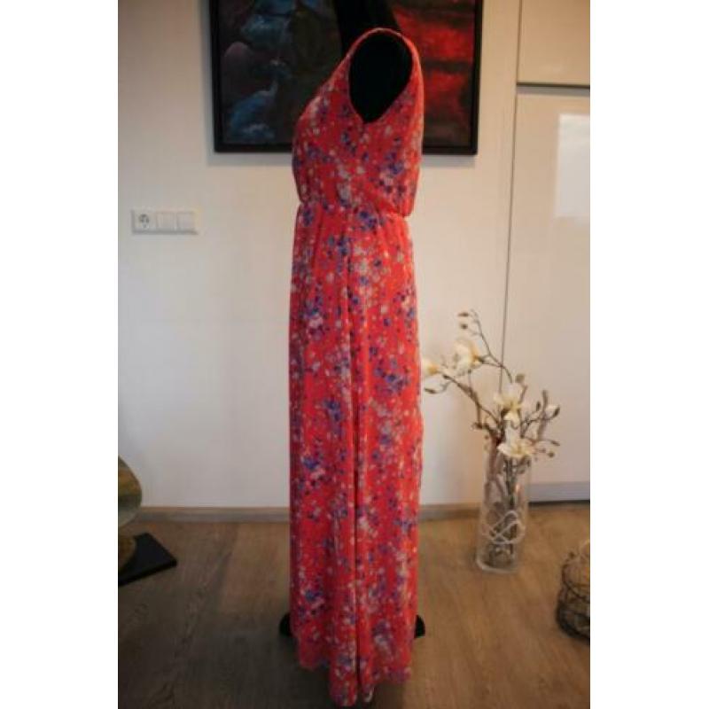 Lange maxi jurk, roze met blauwe bloemetjes, mt S