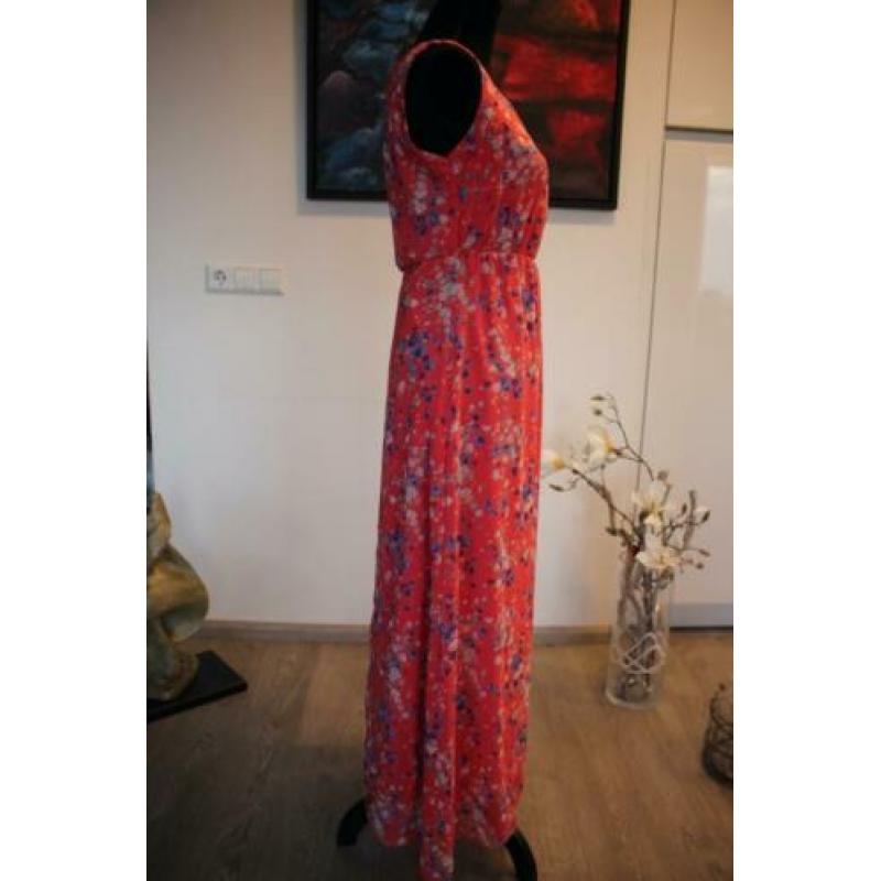 Lange maxi jurk, roze met blauwe bloemetjes, mt S
