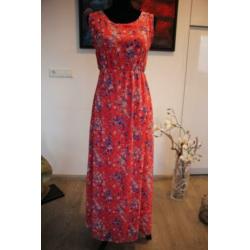Lange maxi jurk, roze met blauwe bloemetjes, mt S