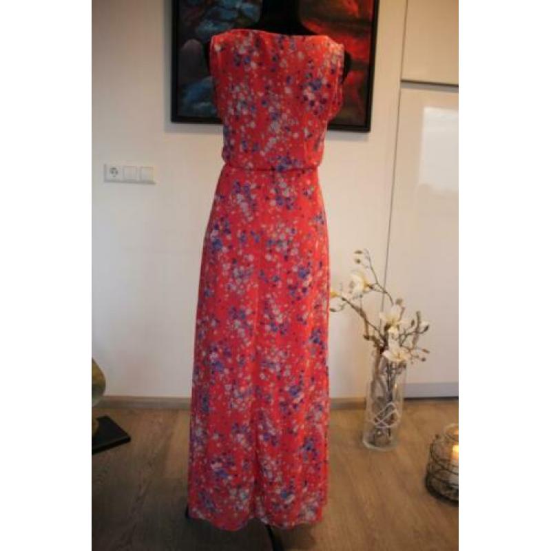 Lange maxi jurk, roze met blauwe bloemetjes, mt S