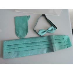 Groen/blauwe cumberband met strikje en pochet