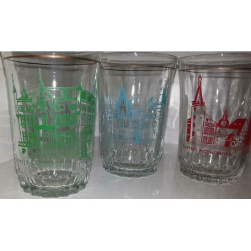 6 retro glazen met elk Limburgs kasteel erfgoed print