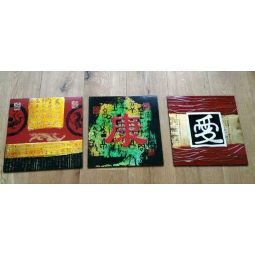 3 Chinese schilderijen, betekenis o.a. liefde en gezondheid