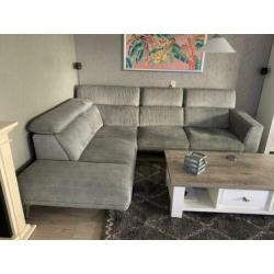Hoek bankstel + 6 eethoek stoelen stofrib/lederlook Mint.