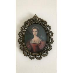 Brocante koperen lijst met mooi bol glas en dame prent