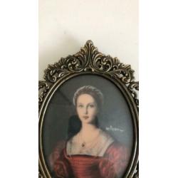 Brocante koperen lijst met mooi bol glas en dame prent