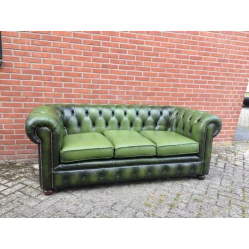 Chesterfield groene driezitsbank leer gratis bezorgd