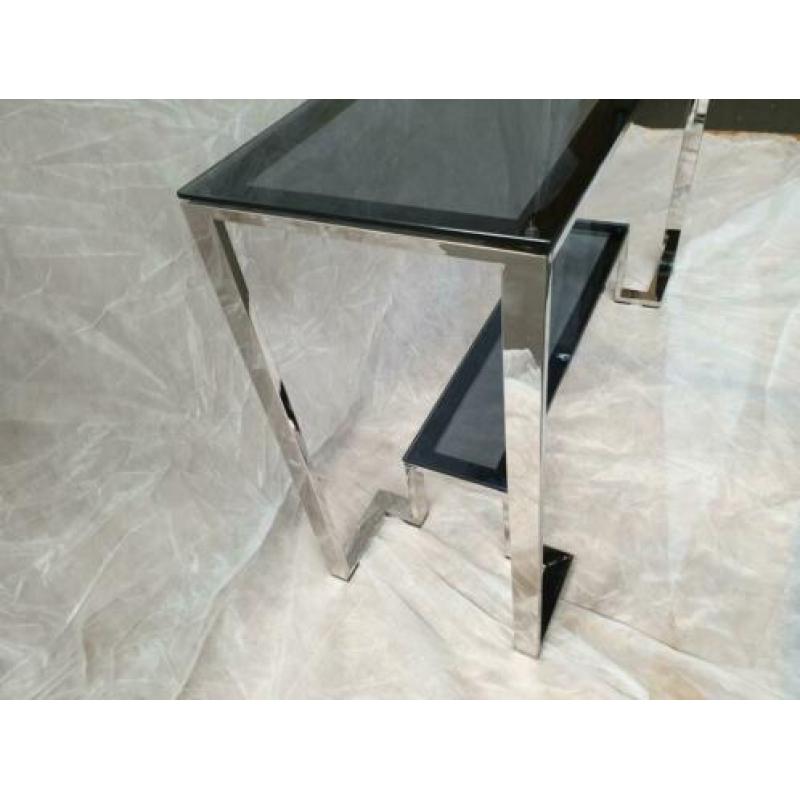 Mooie antraciete glazen salontafel en sidetable met RVS