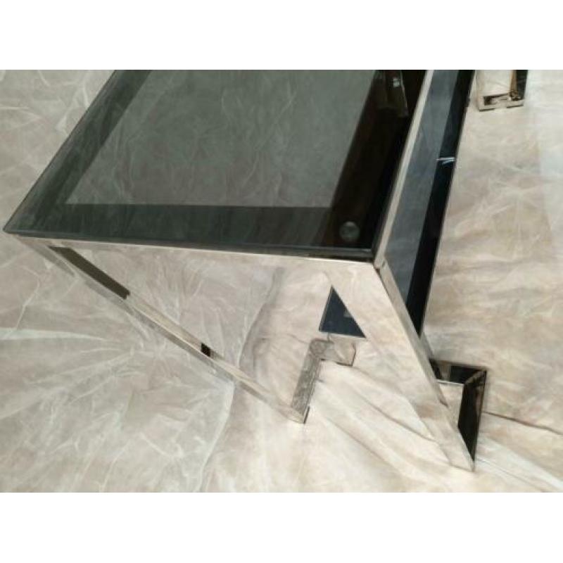 Mooie antraciete glazen salontafel en sidetable met RVS