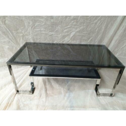 Mooie antraciete glazen salontafel en sidetable met RVS