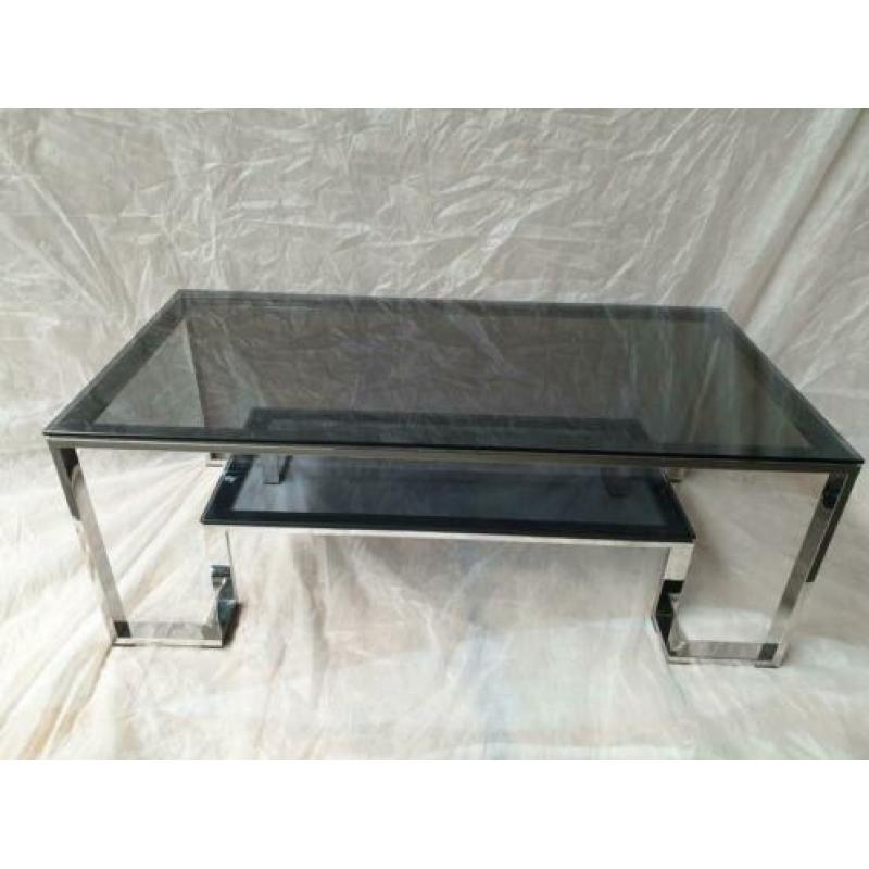 Mooie antraciete glazen salontafel en sidetable met RVS