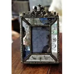 Brocante fotolijstjes glas ge-etst armeluiszilver spiegel