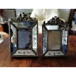 Brocante fotolijstjes glas ge-etst armeluiszilver spiegel