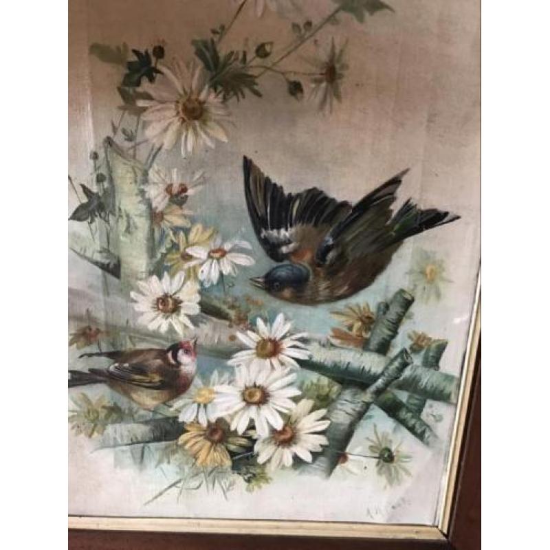 Antiek Vogel schilderij 55x 70 cm