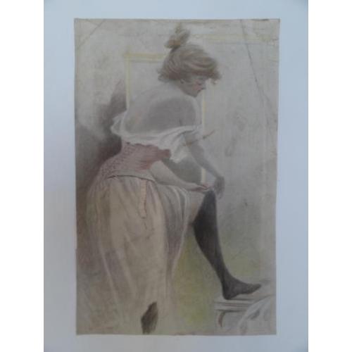 tekening vrouw die kousen optrekt erotisch in 1900 H. Hunter