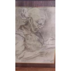 orig. tekening lezende vrouw Jan van Bloppoel (1920-1972).