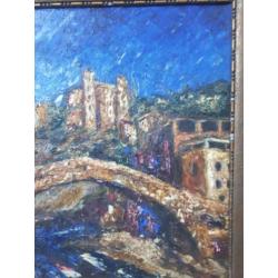 Schilderij van een brug bij kasteel - Frankrijk ?