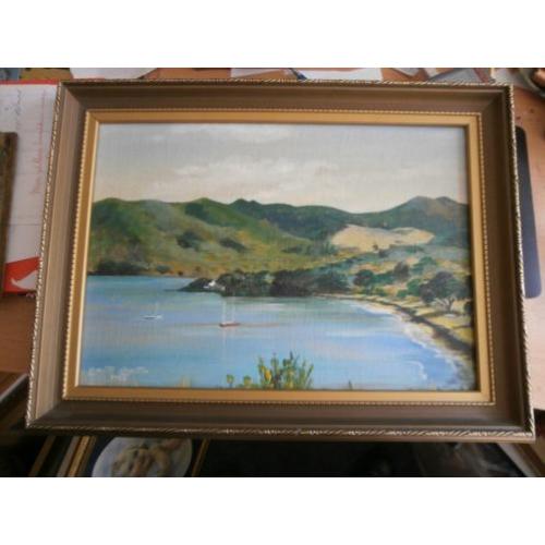 Olieverf/Linnen schilderijtje Baai met bergen ges.`1936/1986