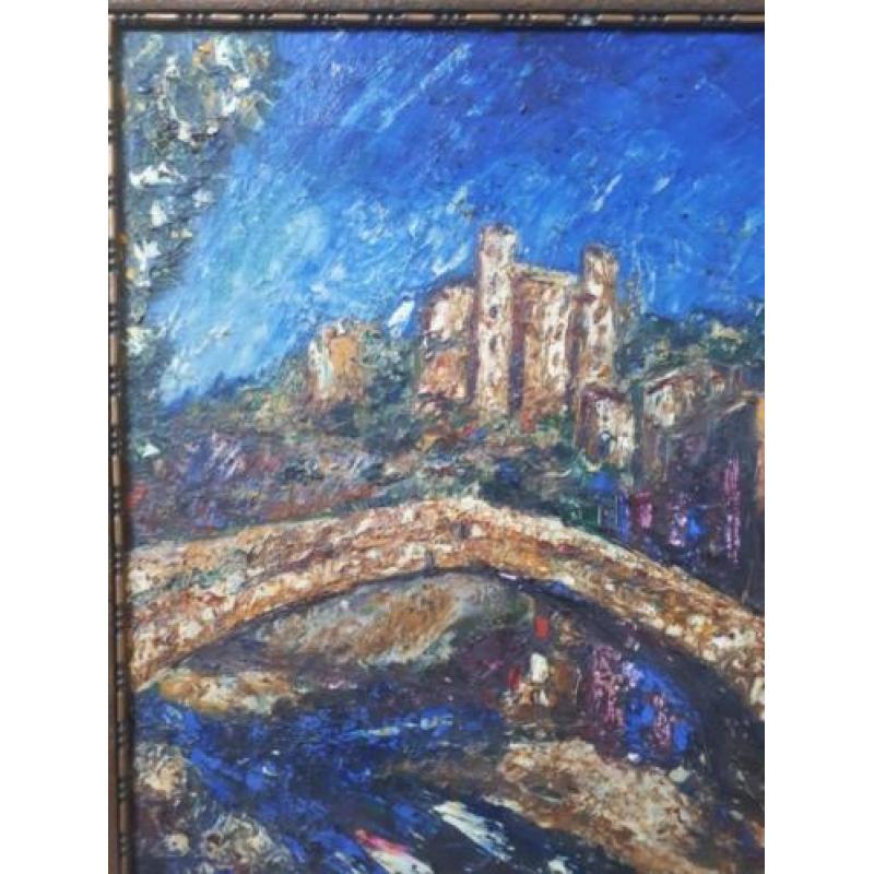 Schilderij van een brug bij kasteel - Frankrijk ?