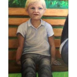 Bankje in het park. Acryl op doek. 30 x 80 cm
