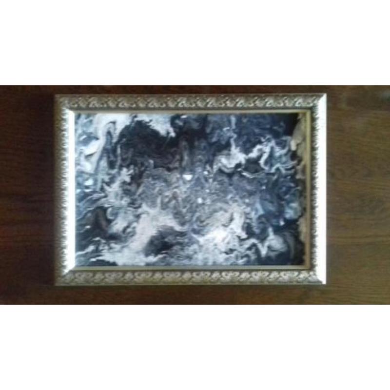Schilderij Pour Zwart - Wit - Zilver met zilverkleurige Lijs