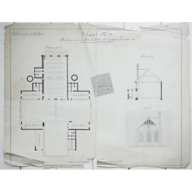 Twee oude bouwtekeningen uit 1886 van scholen uit Apeldoorn
