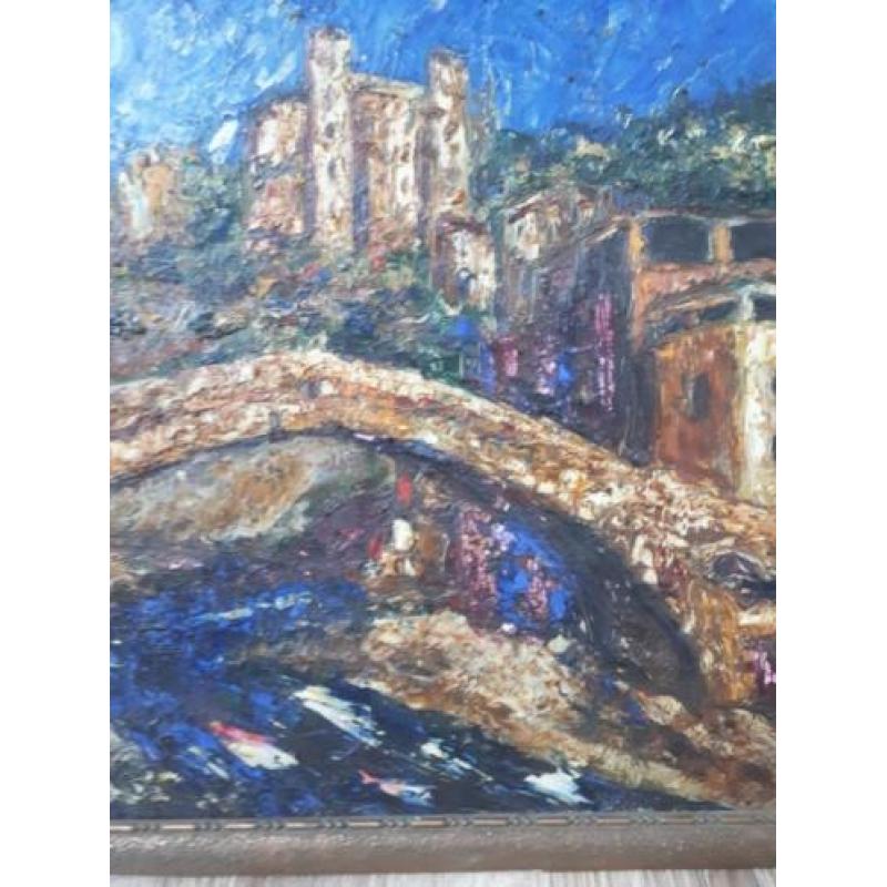 Schilderij van een brug bij kasteel - Frankrijk ?