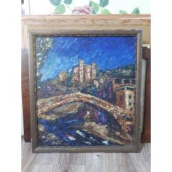Schilderij van een brug bij kasteel - Frankrijk ?