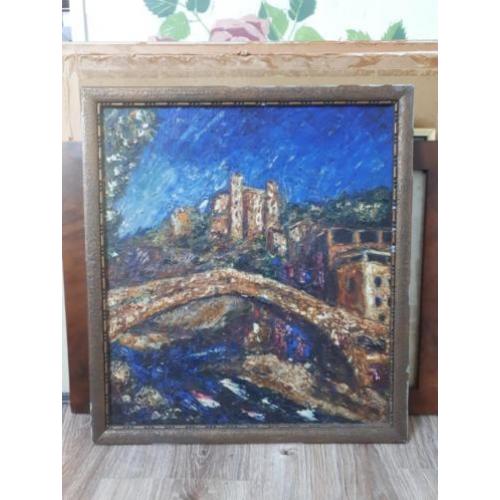 Schilderij van een brug bij kasteel - Frankrijk ?