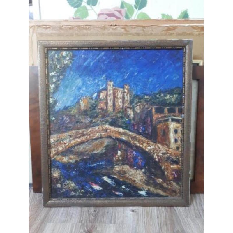 Schilderij van een brug bij kasteel - Frankrijk ?