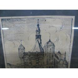 Antieke tekening de Waag Deventer gesigneerd