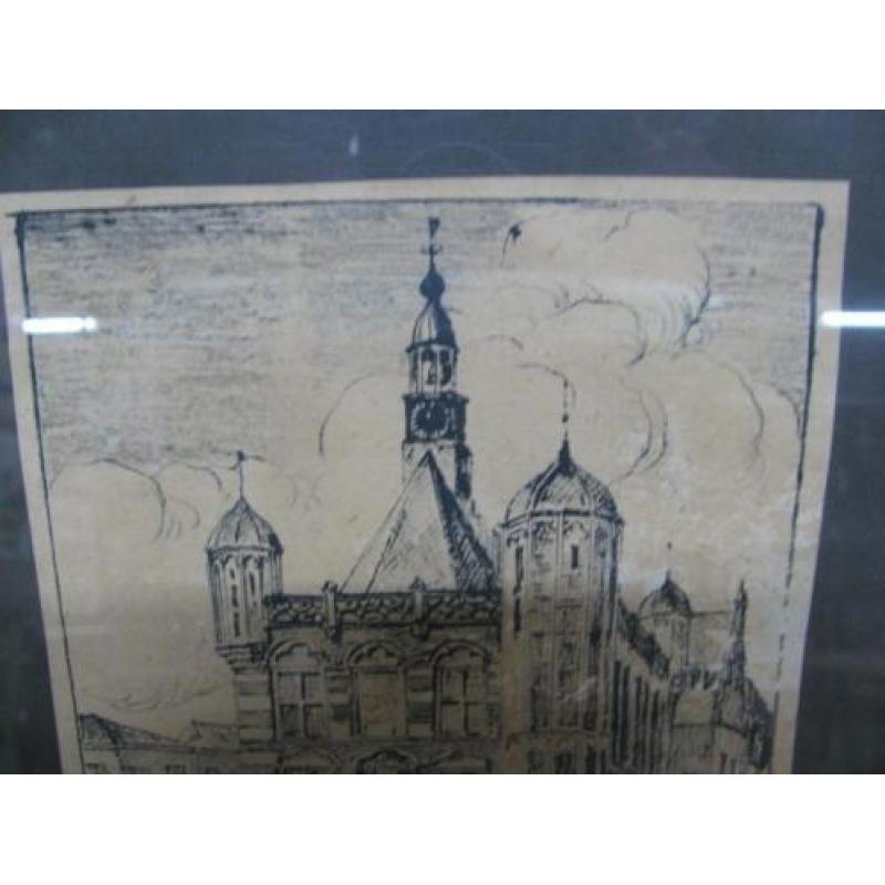 Antieke tekening de Waag Deventer gesigneerd