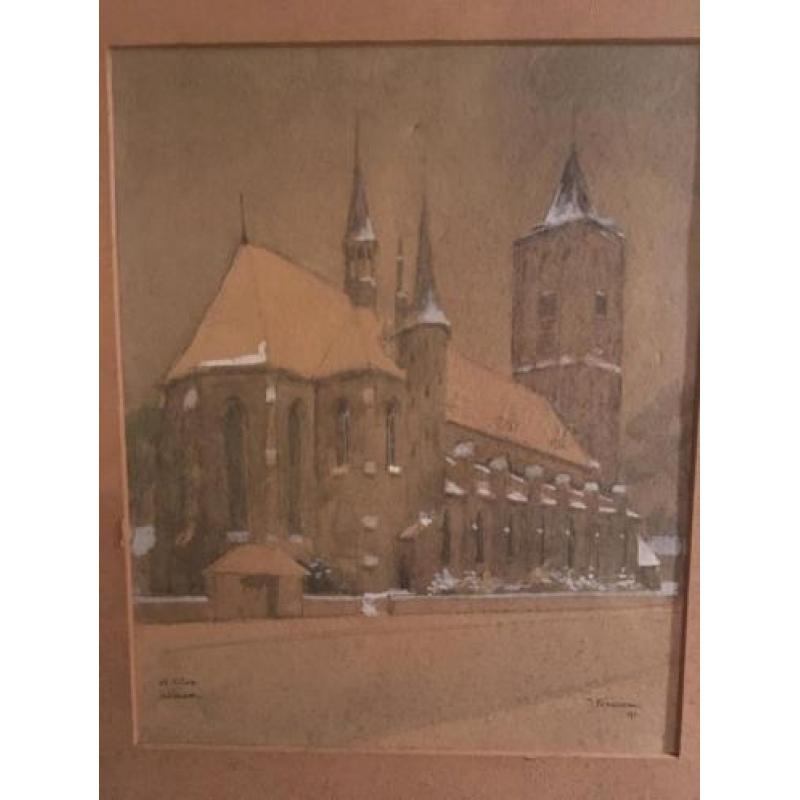 J. Kroon - Aquarel besneeuwde St. Vitus kerk Bussum 1941