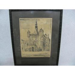 Antieke tekening de Waag Deventer gesigneerd