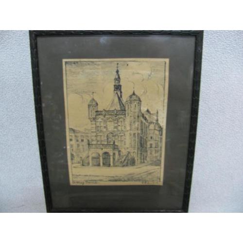 Antieke tekening de Waag Deventer gesigneerd