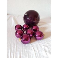 Kerstbal glas, Groot, Paars. en 6 kleinere paarse ballen.