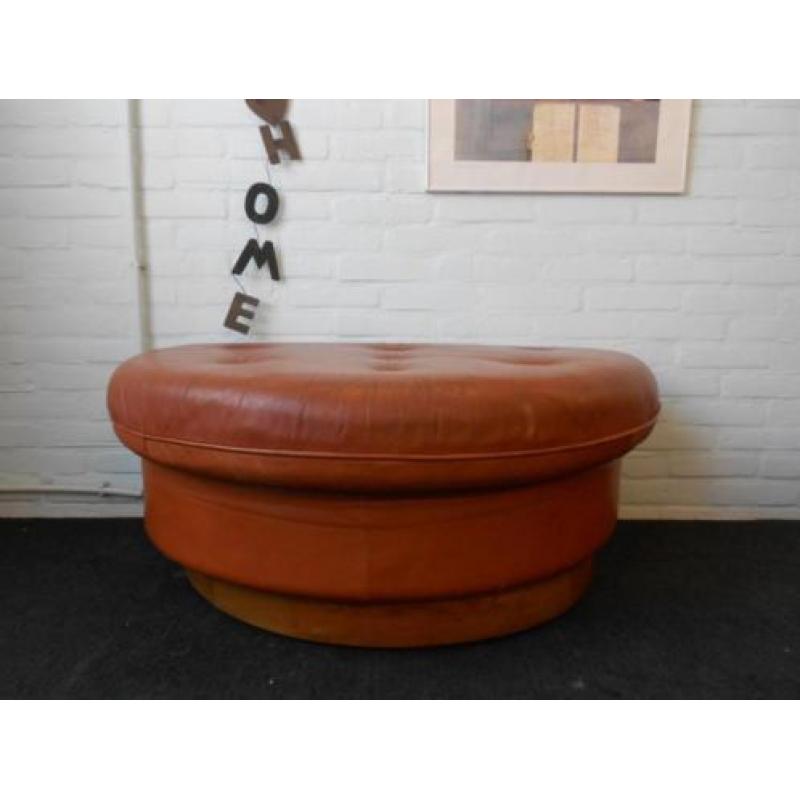 vintage industriele hocker poef element cognac leer teak